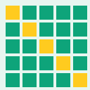 A 5x5 grid of teal squares; yellow active cells light up in a sweeping diagonal pattern across frames.