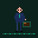 A suited figure in navy walks steadily forward, briefcase swinging at their side with each step.