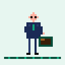 A suited figure in navy walks steadily forward, briefcase swinging at their side with each step.