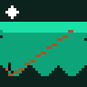 A tiny dark hiker silhouette with a red backpack walks up a winding dirt trail across teal mountains under a small cloud.