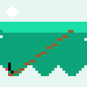 A tiny dark hiker silhouette with a red backpack walks up a winding dirt trail across teal mountains under a small cloud.