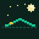 A pale moon and twinkling stars above a teal chart curve dipping into a valley; an orange arrow bounces off the support line and ascends.