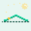 A pale moon and twinkling stars above a teal chart curve dipping into a valley; an orange arrow bounces off the support line and ascends.
