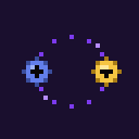A gold BTC coin and a blue ETH coin orbiting each other around a faint purple orbit trail.