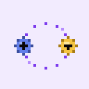 A gold BTC coin and a blue ETH coin orbiting each other around a faint purple orbit trail.