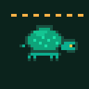 A green pixel turtle walking forward beneath a dashed breakout line, peeking up at it.