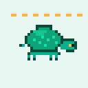 A green pixel turtle walking forward beneath a dashed breakout line, peeking up at it.
