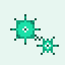 Two interlocking teal gears — a large one and a small one — rotating in opposite directions.